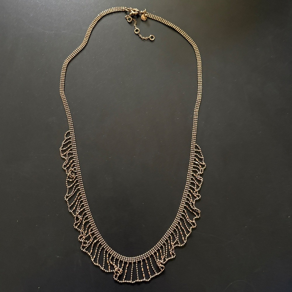 J.Crew Gold Tone Ball Chain Scalloped Fringe Bib Statement Necklace 30 Inch